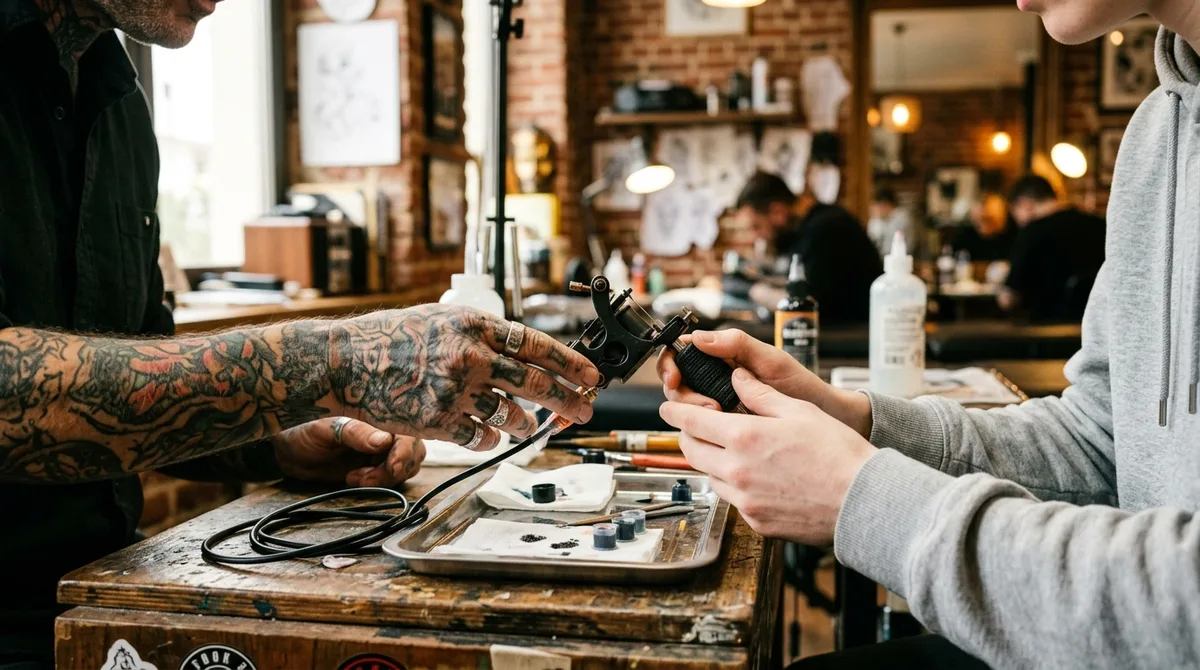 Tattoo artist showing an apprentice how to set up a machine