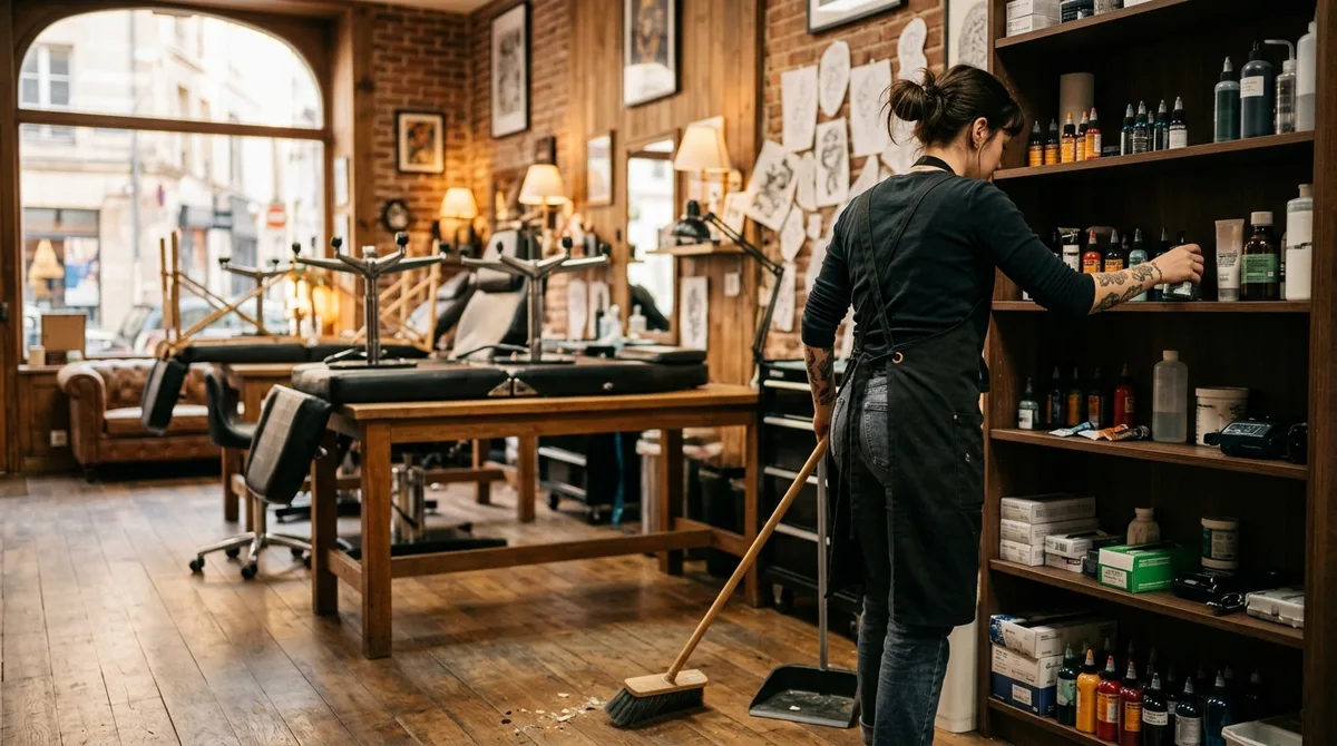 Apprentice tidying the studio at closing time