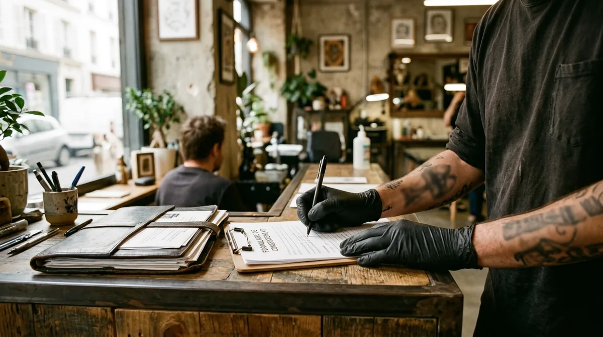 Tatoueur signant un formulaire d'assurance au comptoir de son studio