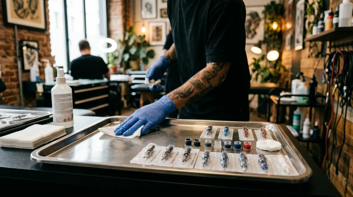 Poste de tatouage désinfecté, cartouches stériles et gants sur un plateau
