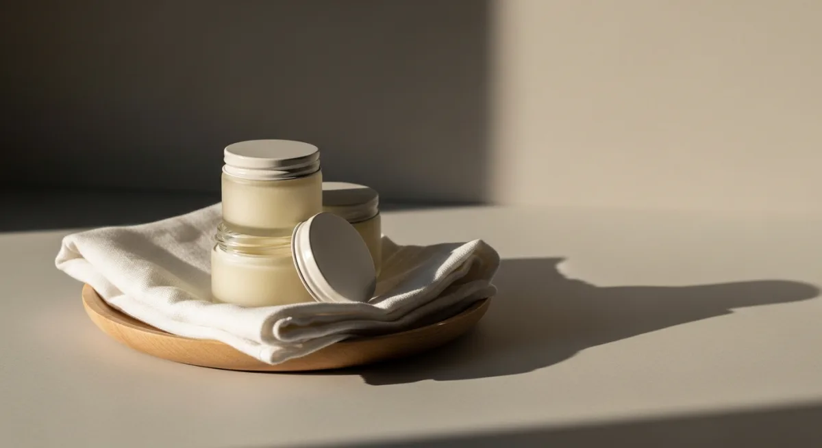 Pots en verre de baume non étiquetés et compresse en lin pliée sur un plateau en bois clair, lumière naturelle douce