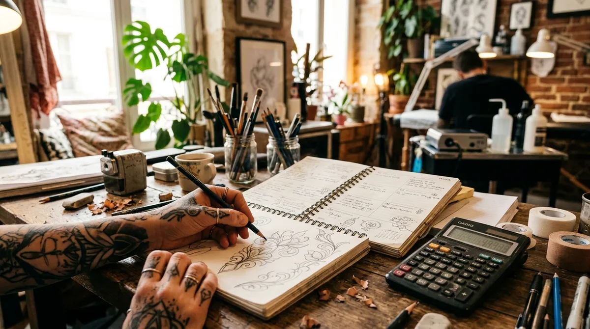 Tattoo artist sketching a design next to a planner and a calculator