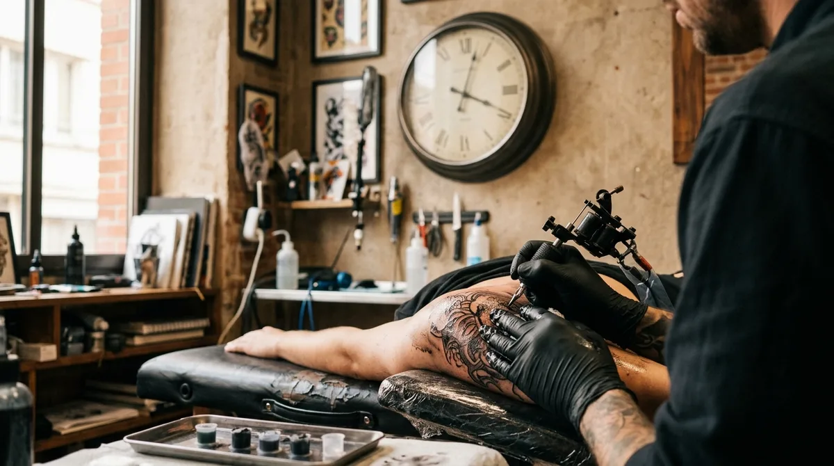 Wall clock above a tattoo station during a session