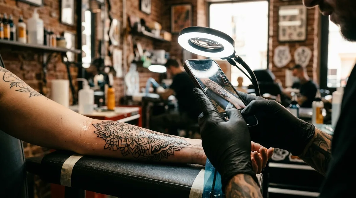 Tattoo artist photographing a finished piece with a smartphone under a ring light