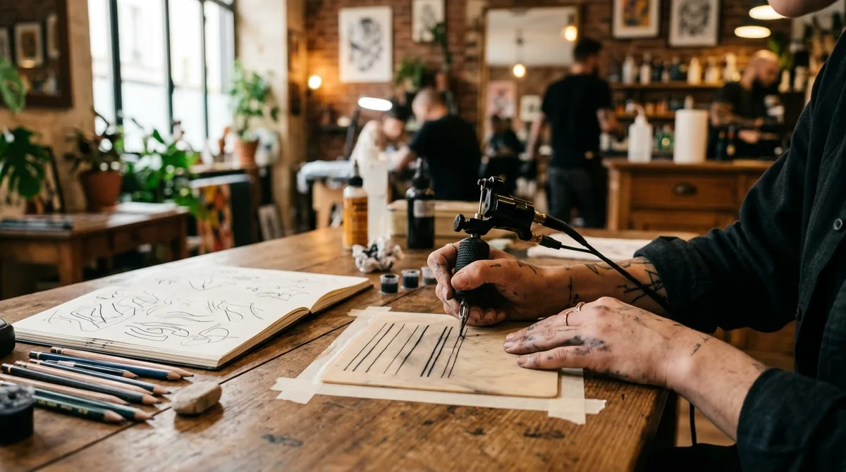 Trainee tattoo artist practising on synthetic skin