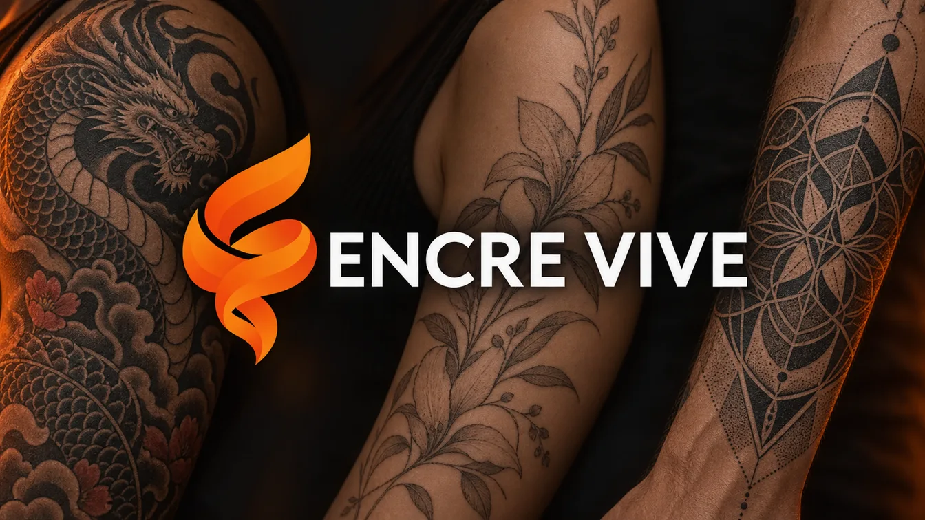 Encre Vive logo over an illustrative montage of Japanese, floral and geometric tattoos.
