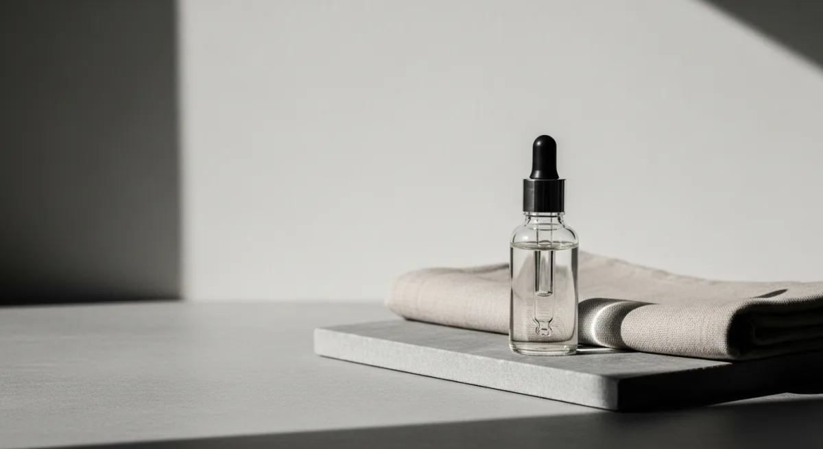 Glass dropper bottle of natural oil and folded linen cloth on grey stone, minimalist apothecary aesthetic