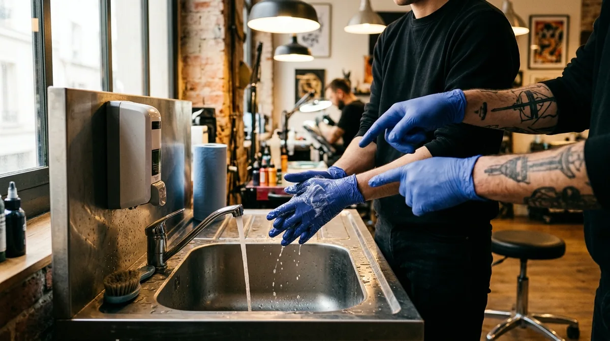 Stagiaire s'exerçant à la désinfection des mains pendant la formation hygiène et salubrité