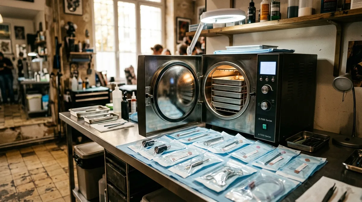 Autoclave ouvert avec sachets d'instruments stérilisés et indicateurs