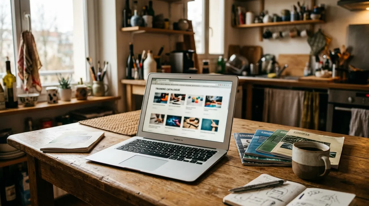 Training catalogue browsed on a laptop at home
