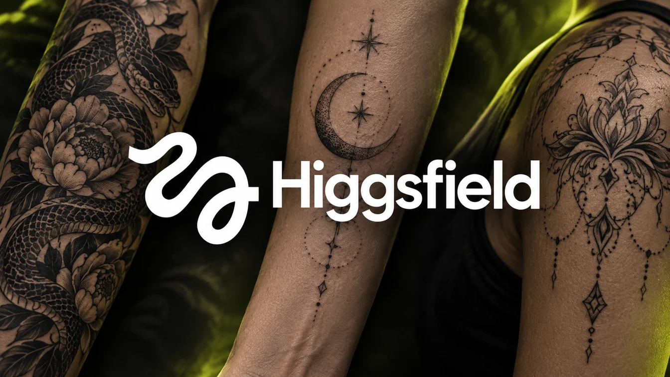 Higgsfield logo over an illustrative montage of snake, moon and ornamental tattoos.