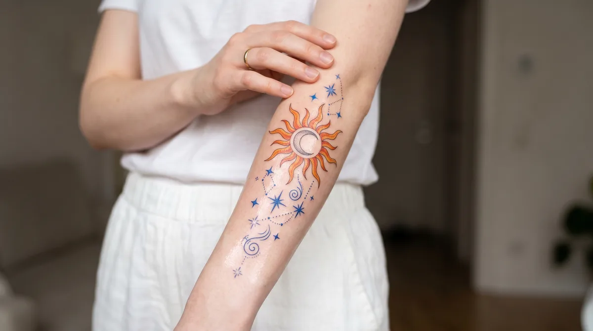 Sun, moon and star tattoo design on a forearm.