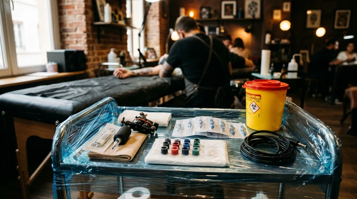 Poste de tatouage protégé par film barrière avec cartouches stériles et collecteur à aiguilles