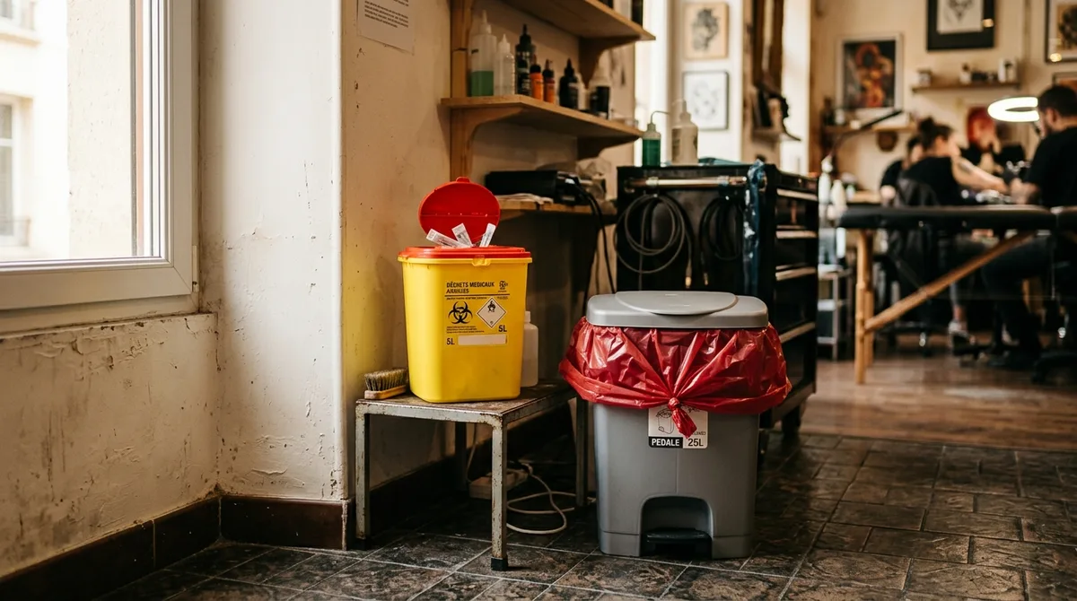 Coin déchets d'un studio avec collecteur DASRI et sacs fermés