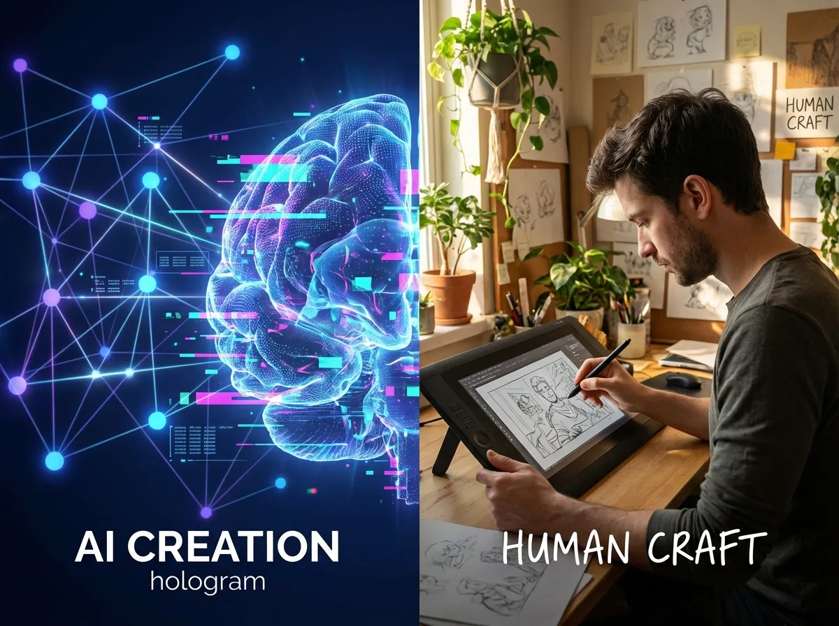 Visual comparison between an AI robot and a human artist working on a tablet