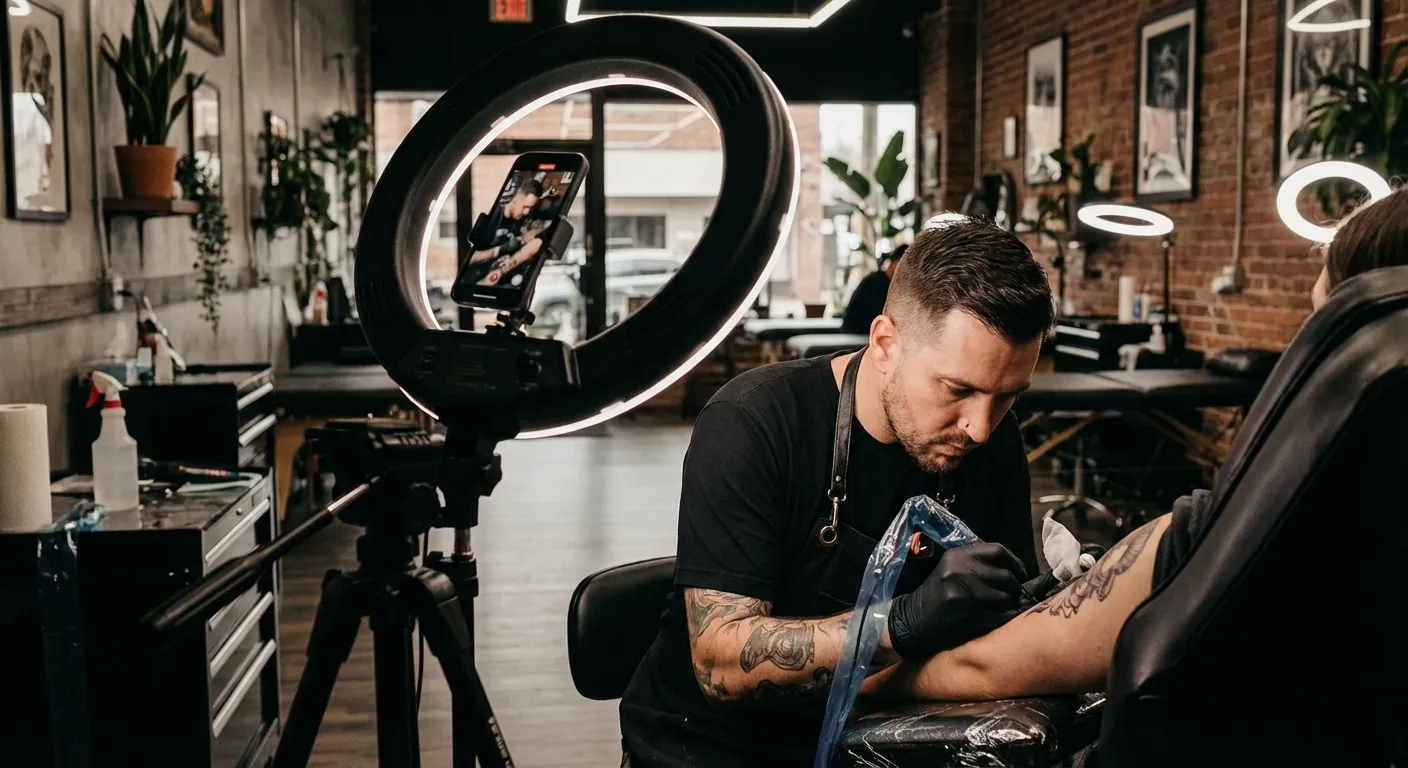 Tatoueur filmant un reel instagram avec son smartphone