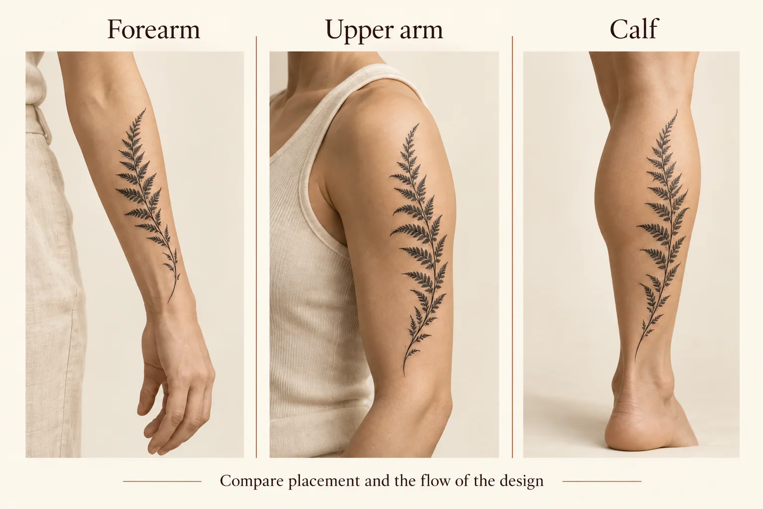 AI illustration of fern designs on a forearm, upper arm and calf for comparing tattoo placement