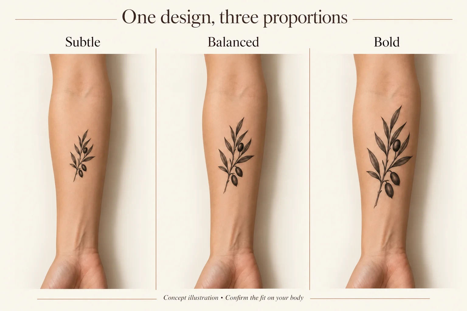 AI illustration comparing subtle, medium and more prominent botanical designs on three forearms
