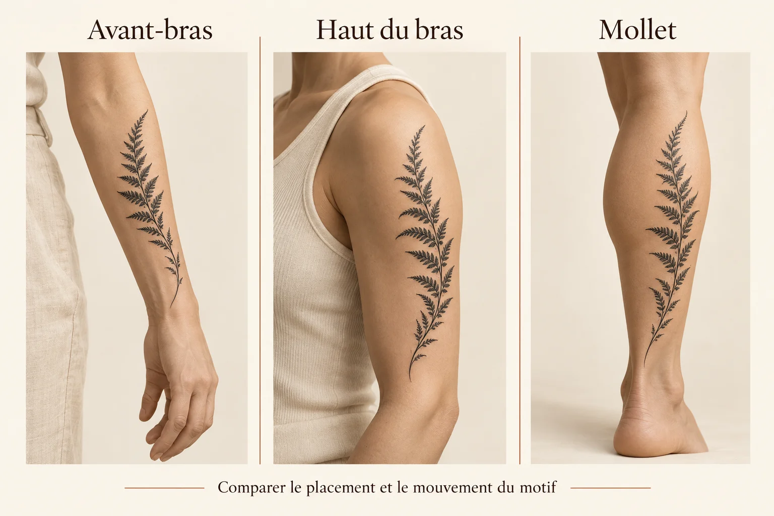 Illustration IA de motifs de fougère sur l’avant-bras, le haut du bras et le mollet pour comparer leur placement