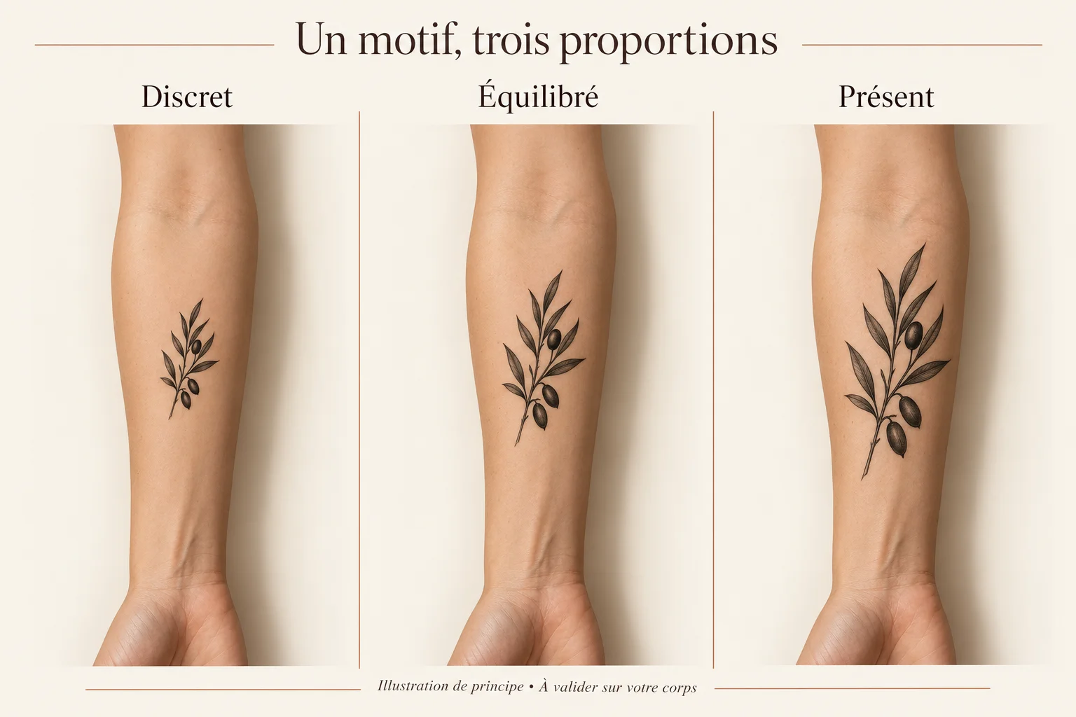 Illustration IA comparant un motif botanique discret, intermédiaire et plus présent sur trois avant-bras