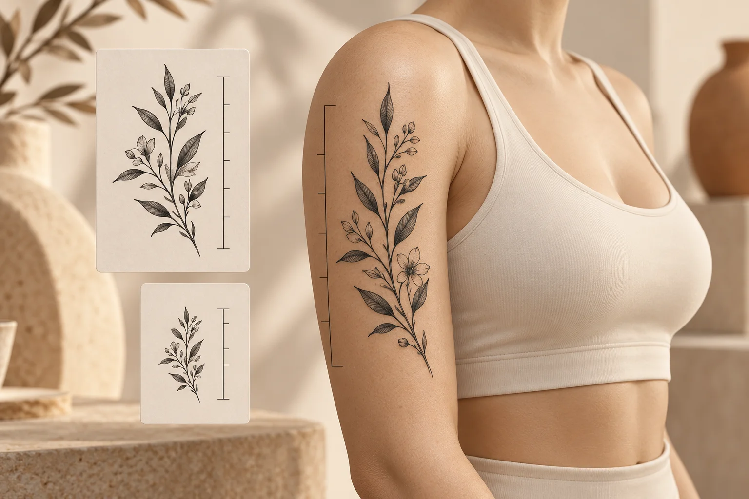 Illustration IA d’un motif botanique sur un bras et de dessins de différentes proportions pour préparer un tatouage