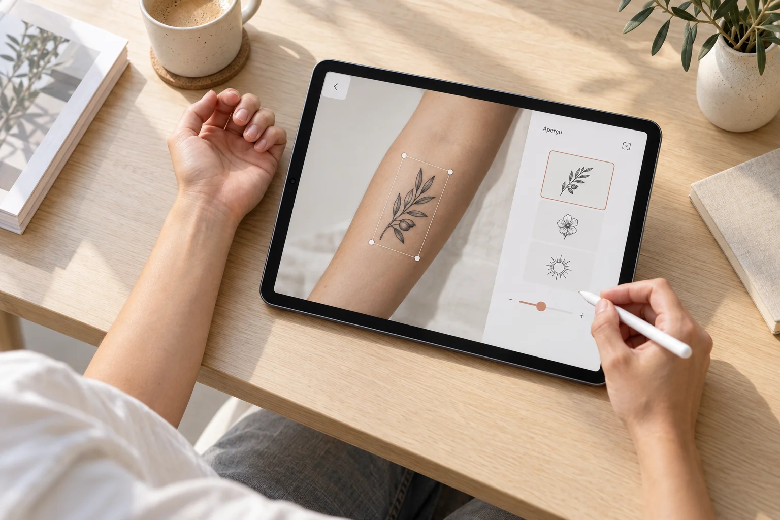 Illustration of a virtual tattoo try-on on an iPad: an olive branch is placed on a forearm photo with size controls