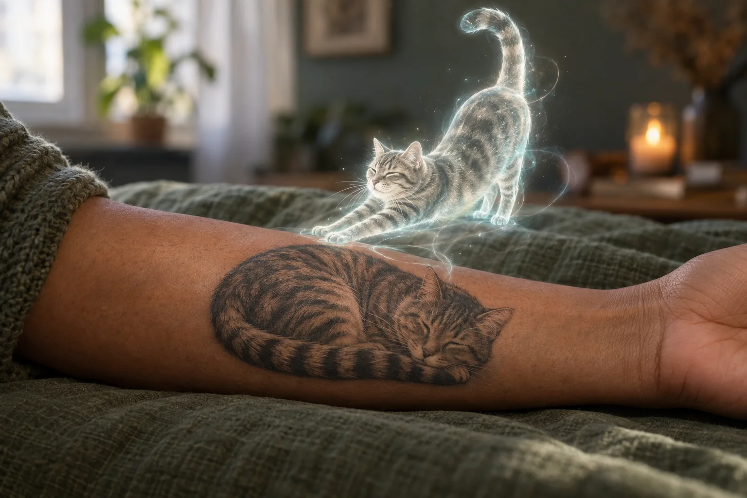 Tattoo of a sleeping tabby cat on a forearm, with its silver spirit stretching above it