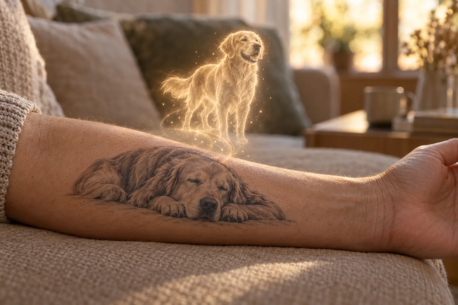 Tattoo of a sleeping dog on a forearm, with its glowing golden spirit rising above it