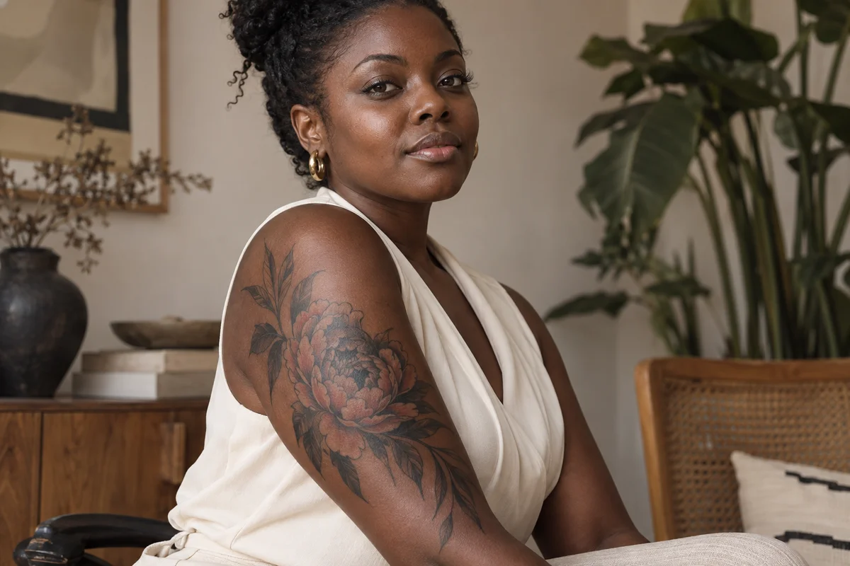 AI illustration of a Black woman with a floral upper-arm tattoo in black and copper tones