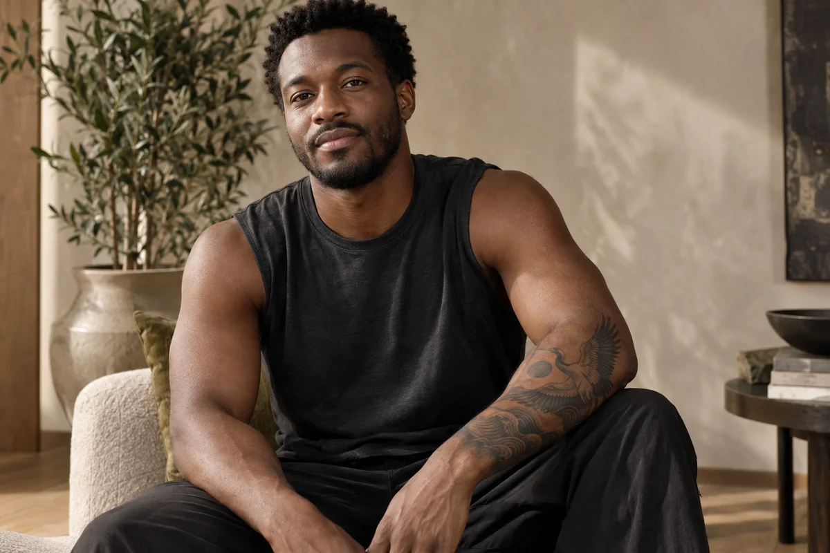 AI illustration of a Black man with a crane and waves tattooed in black ink on his forearm