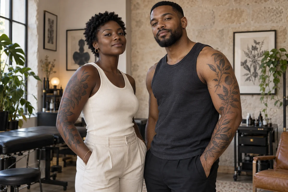 Illustration IA : une femme et un homme noirs portant des tatouages botaniques sur les bras
