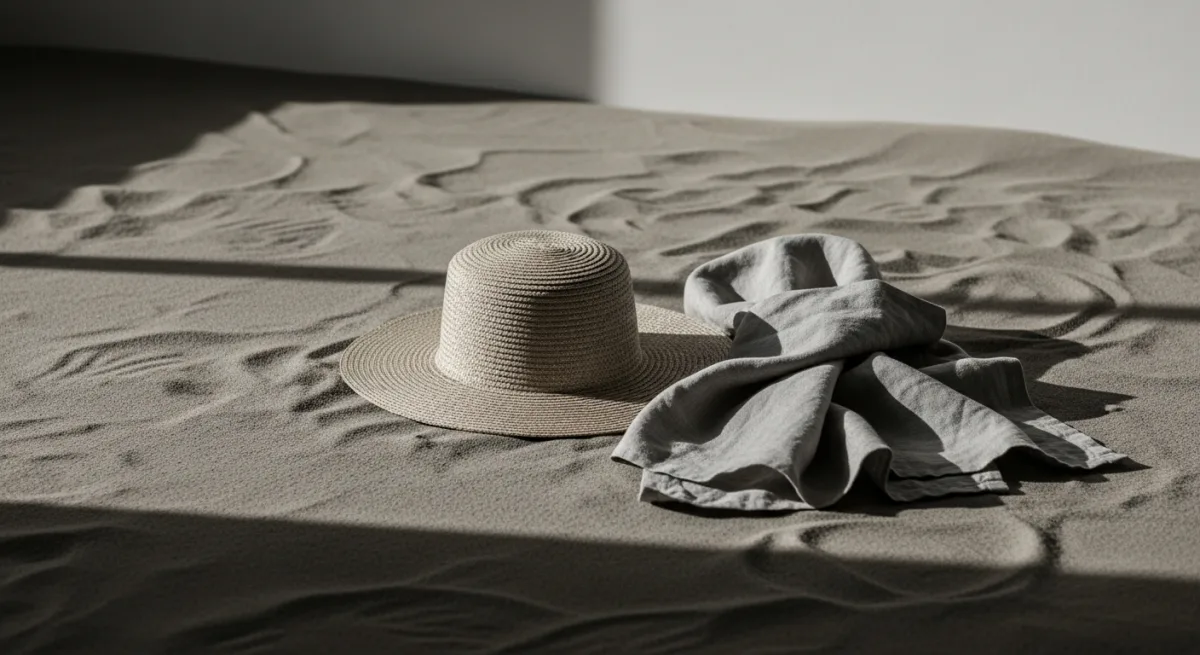 Chapeau de paille à large bord et tissu de lin plié sur sable chaud, lumière dorée de fin d'après-midi