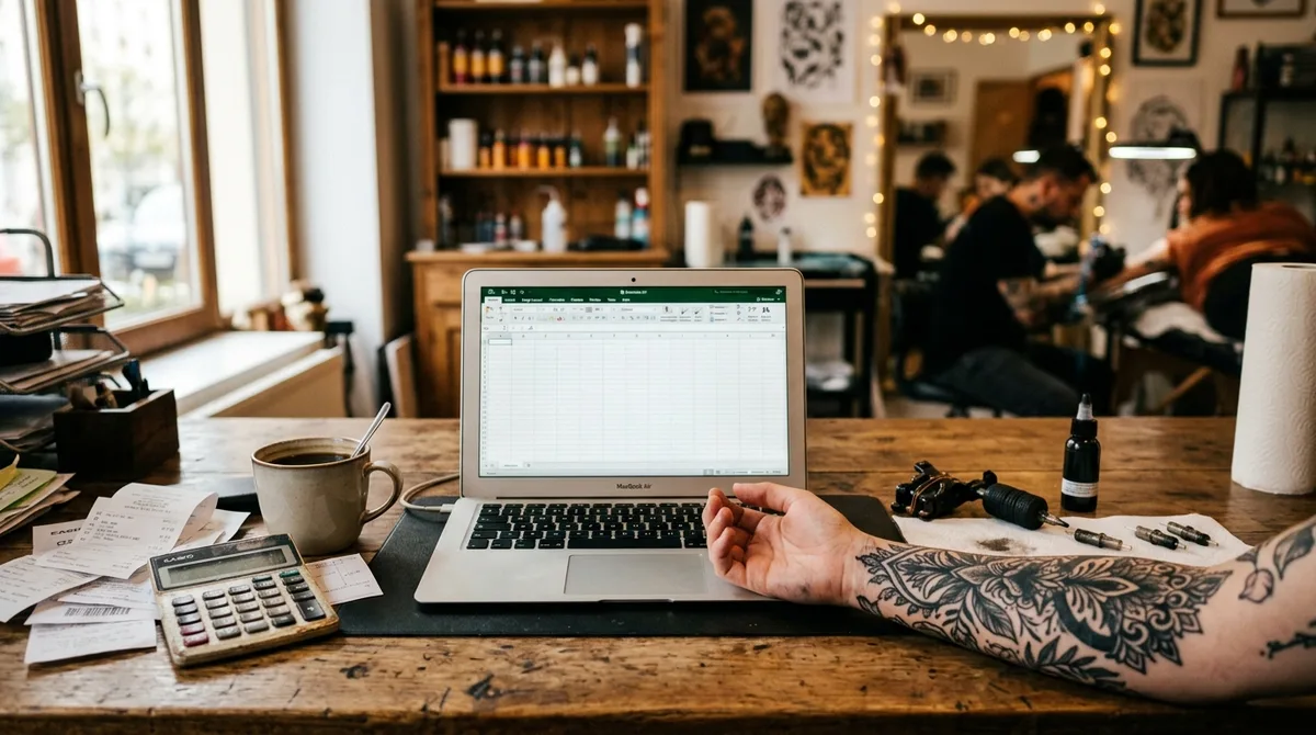 Bureau de tatoueur avec ordinateur, reçus et calculatrice pour la comptabilité
