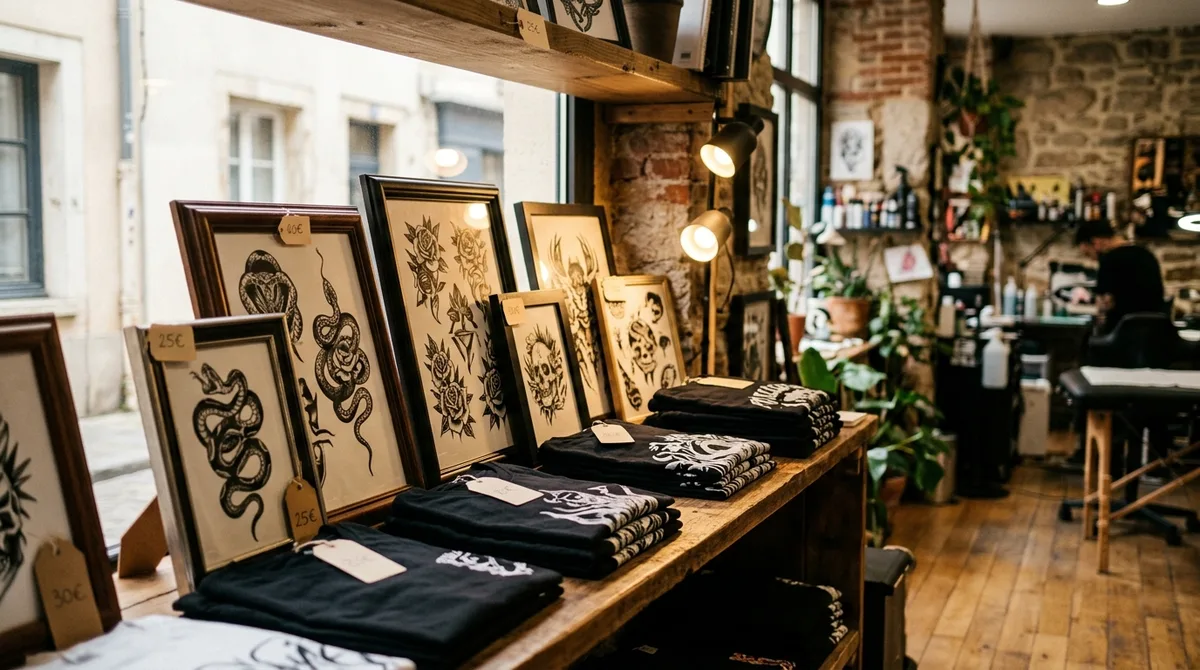 Tirages de flashs et t-shirts en vente sur une étagère de studio