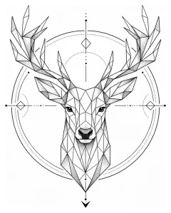 Un cerf polygonal avec accents dotwork dans un cadre circulaire