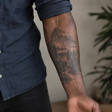 AI tattoo simulation: forest and summit on skin