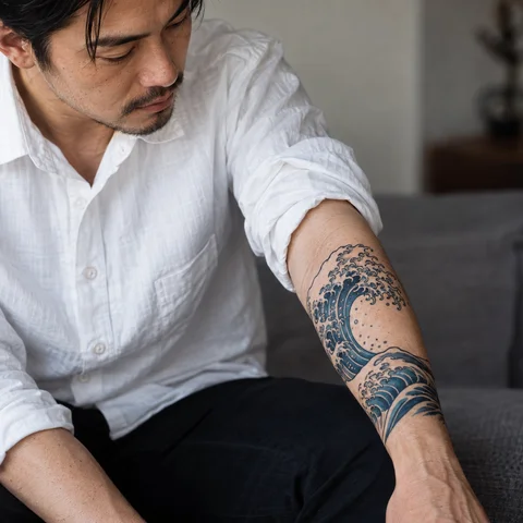 AI tattoo simulation: japanese wave on skin