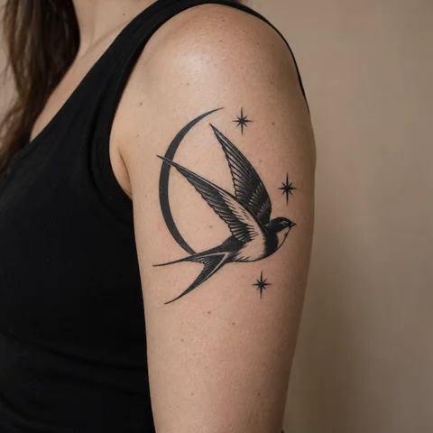 AI tattoo simulation: swallow and crescent on skin