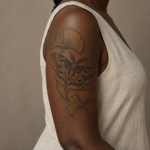 AI tattoo simulation: moth and ginkgo on skin