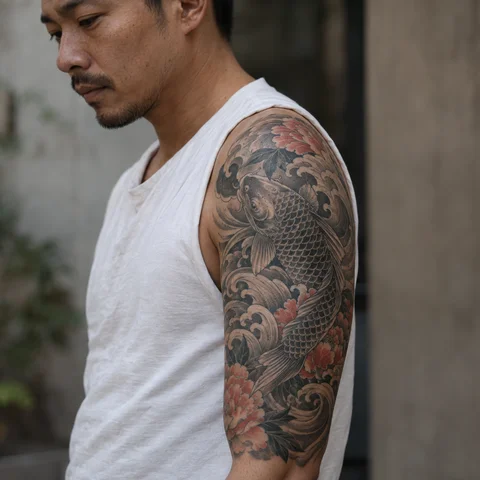 AI tattoo simulation: koi and peonies on skin