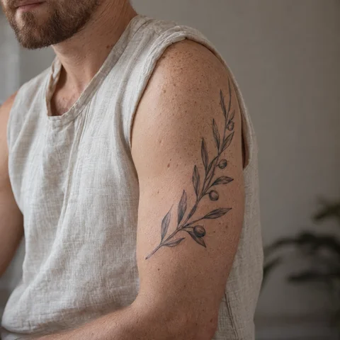 AI tattoo simulation: an olive branch in motion on skin
