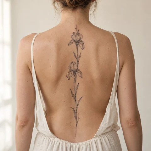 AI tattoo simulation: irises along the spine on skin