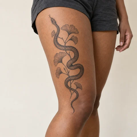 Simulation IA : tatouage serpent et ginkgo sur l’extérieur de la cuisse