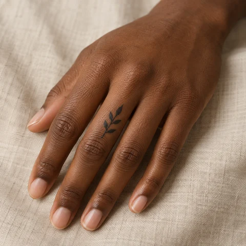 Simulation IA : tatouage un rameau miniature sur le dessus du doigt
