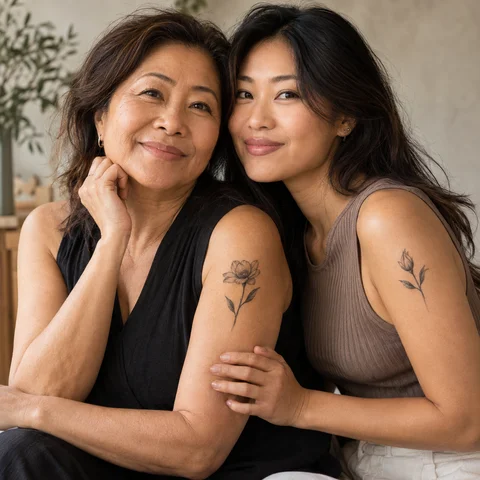 Simulation IA : tatouage deux fleurs qui se répondent sur deux bras