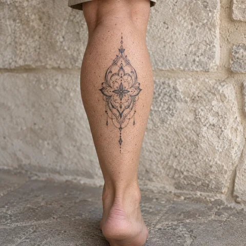 Simulation IA : tatouage ornement façon bijou sur l’arrière du mollet