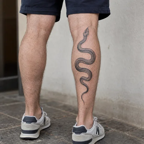 Simulation IA : tatouage serpent graphique sur le mollet