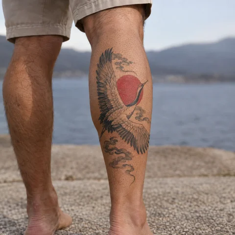 Simulation IA : tatouage grue et soleil sur le mollet