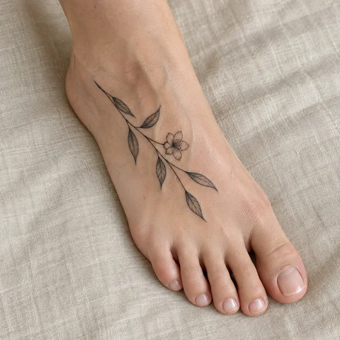 Simulation IA : tatouage branche botanique sur le dessus du pied