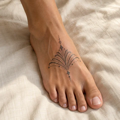 Simulation IA : tatouage ornement en éventail sur le dessus du pied